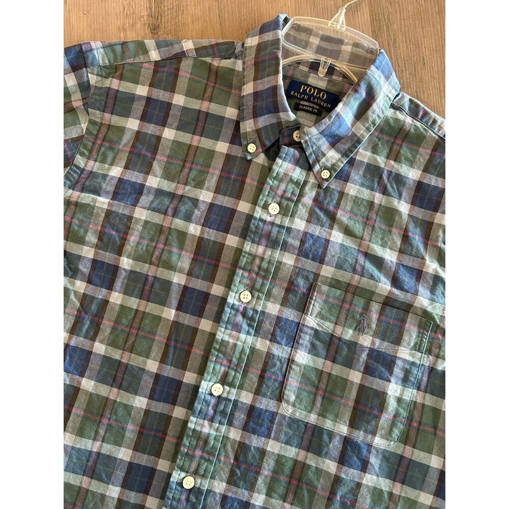 Polo Ralph Lauren Shirt Mens Blue Green Red Plaid Button Up Classic Fit Size L